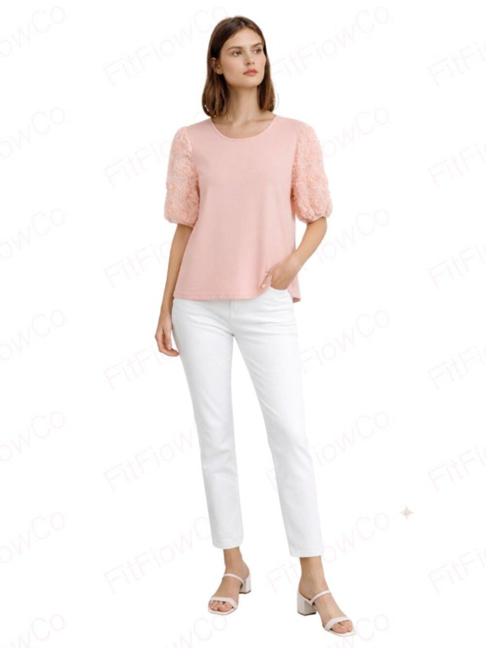 Madison Blush Pink 3D Floral Mesh Sleeve Top Size L Romantic Rosette Blouse